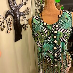🏖️ XL Green Black White Leafy Patterned Fringe Bottom Top Blouse Casual Stripes